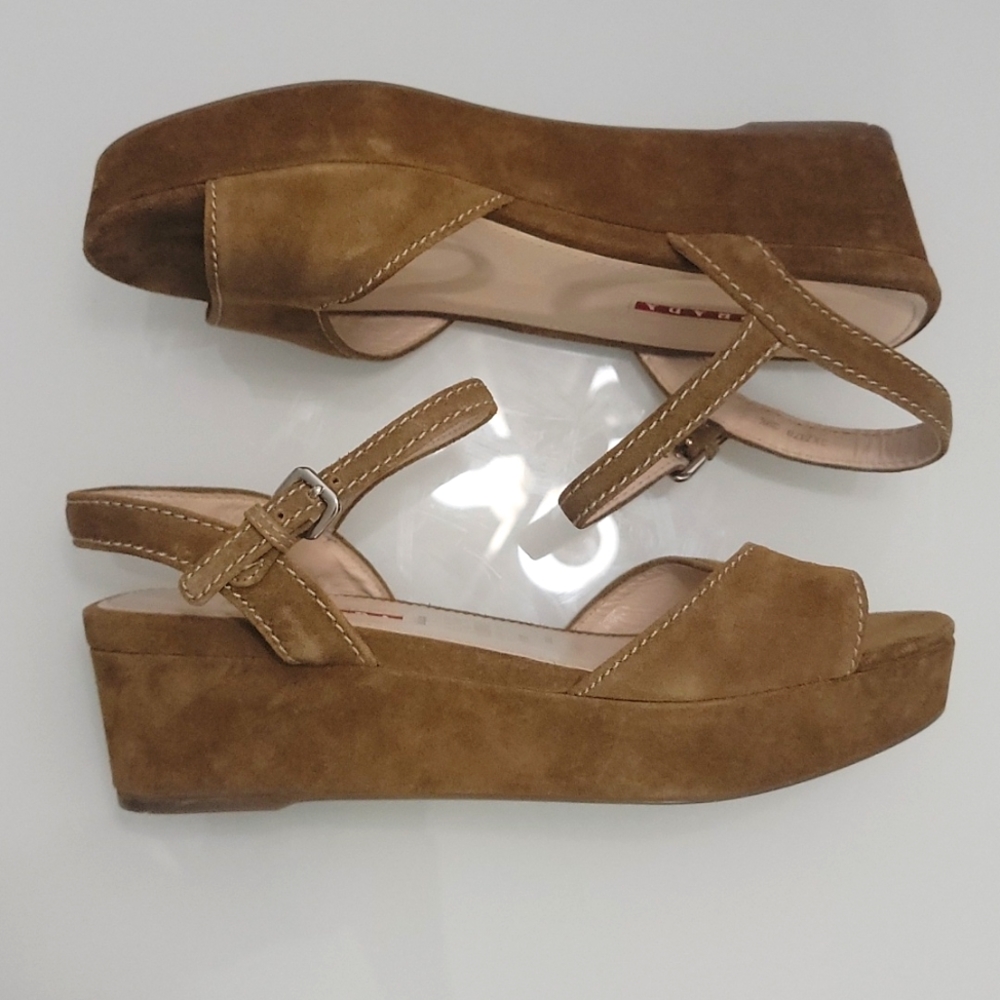 Prada Brown Suede Wedge Sandals - Picture 7 of 12